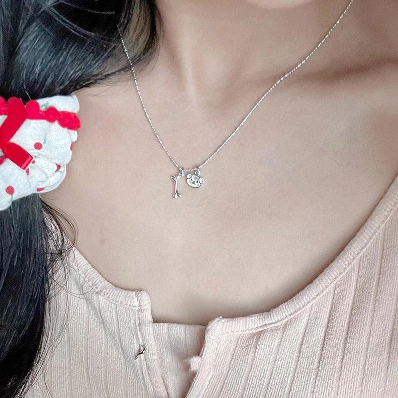 S925 sterling silver cute little dog bone pendant necklace