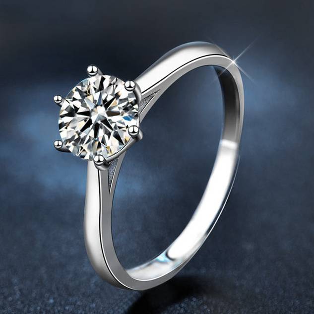 925 Sterling Silver Moissanite Six-Prong Ring
