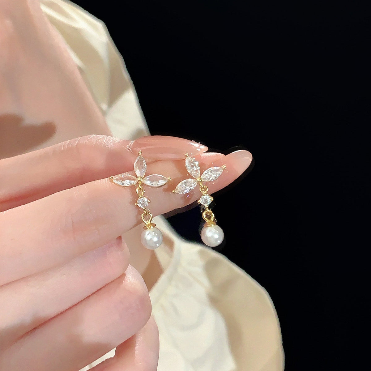 S925 pure silver imitation pearl pendant earrings
