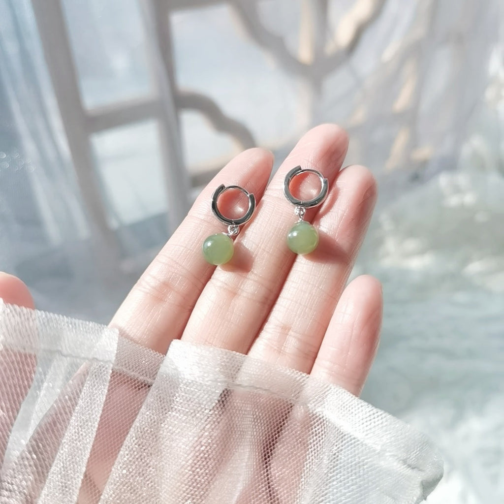 S925 Sterling Silver Hotan Jade Pendant Earrings - Silvery