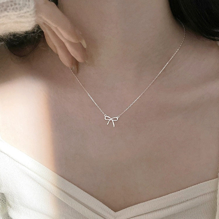 925 sterling silver bow pendant necklace - silvery
