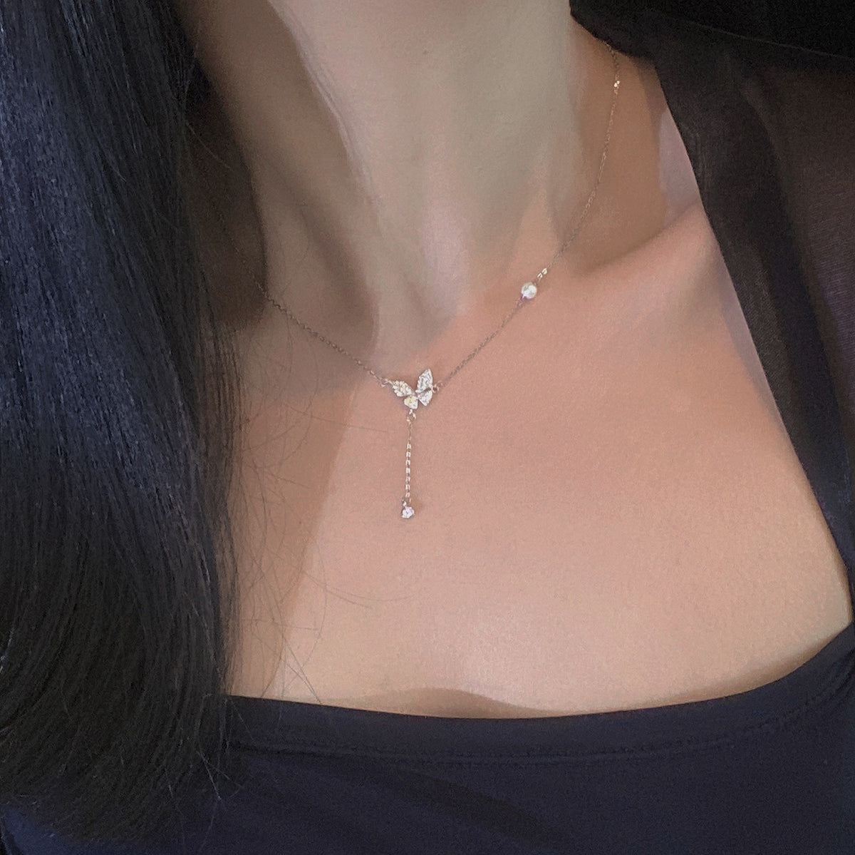  925 sterling silver butterfly tassel pendant necklace