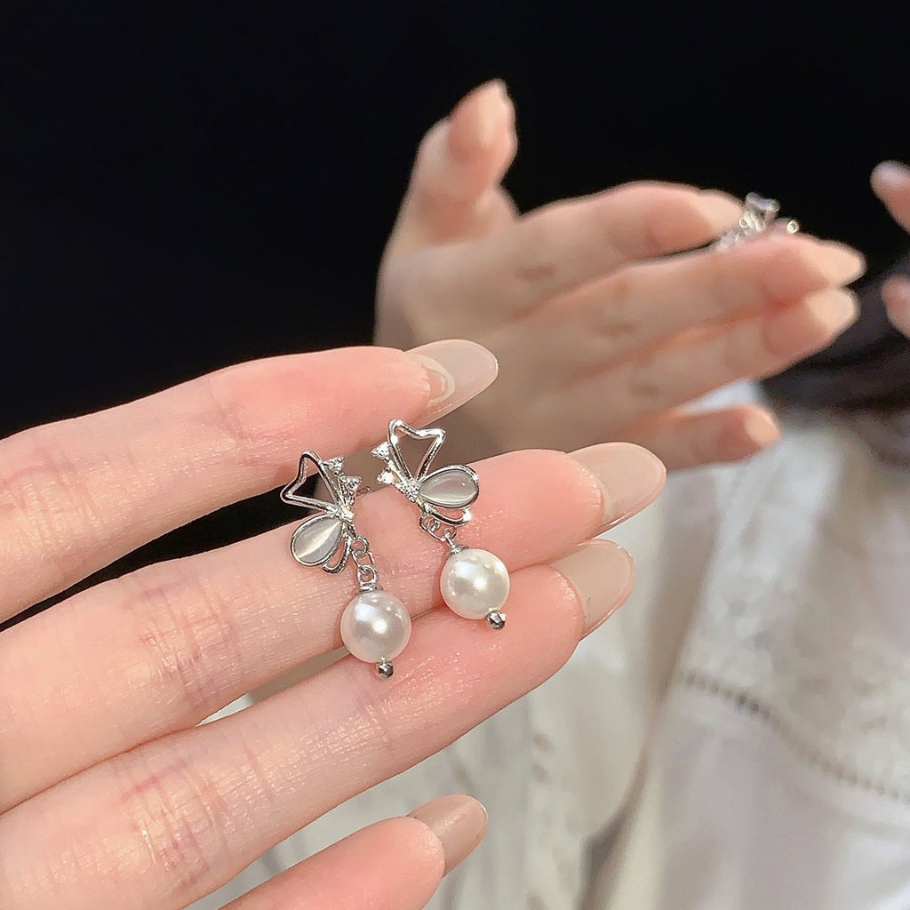 S925 pure silver cute butterfly imitation pearl earrings