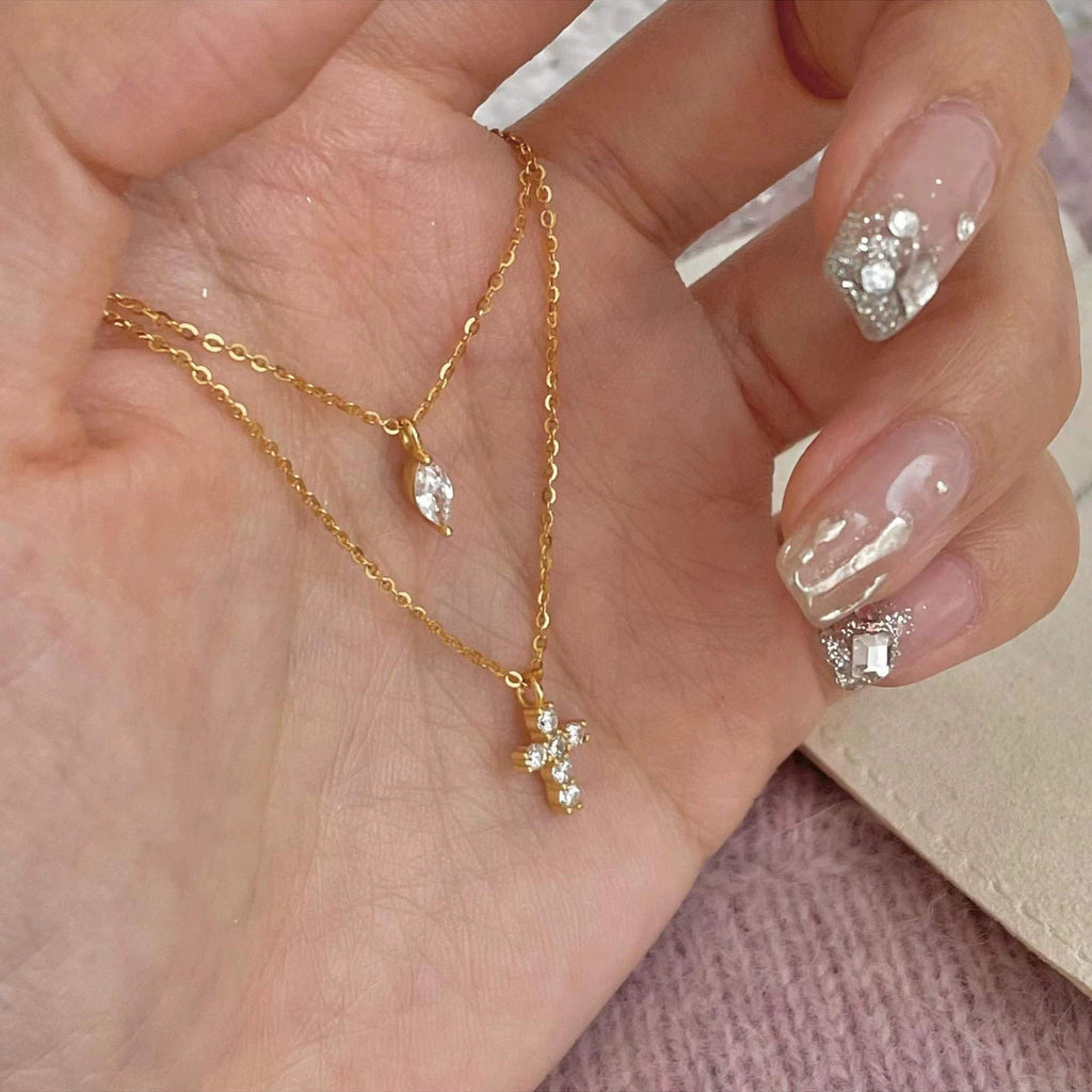925 sterling silver cross double layered necklace