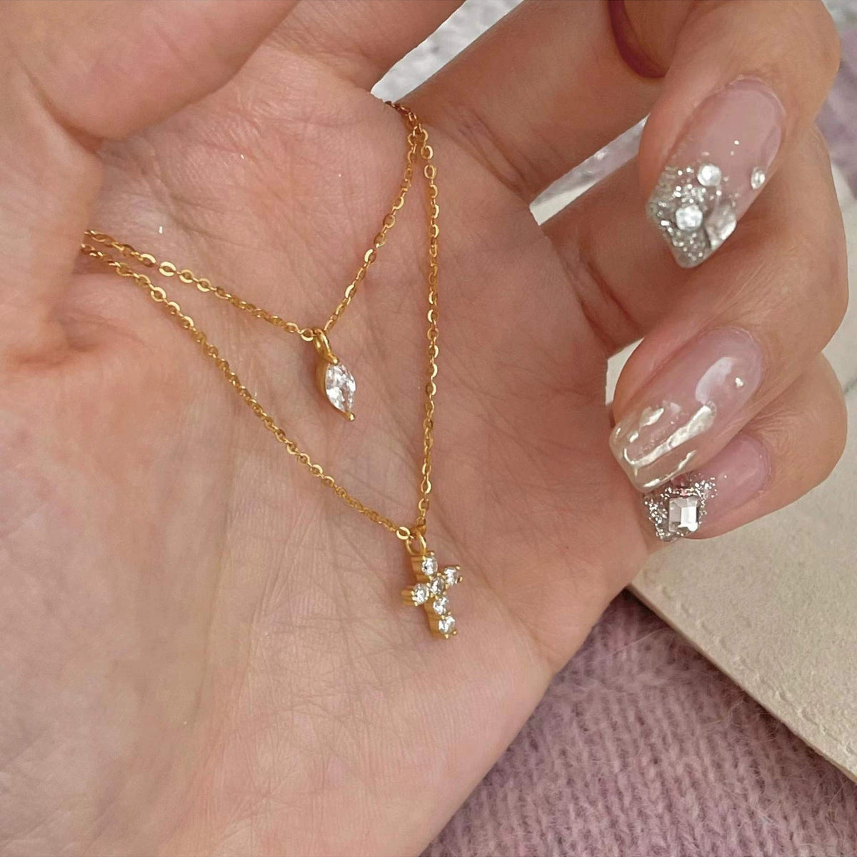 925 sterling silver cross double layered necklace
