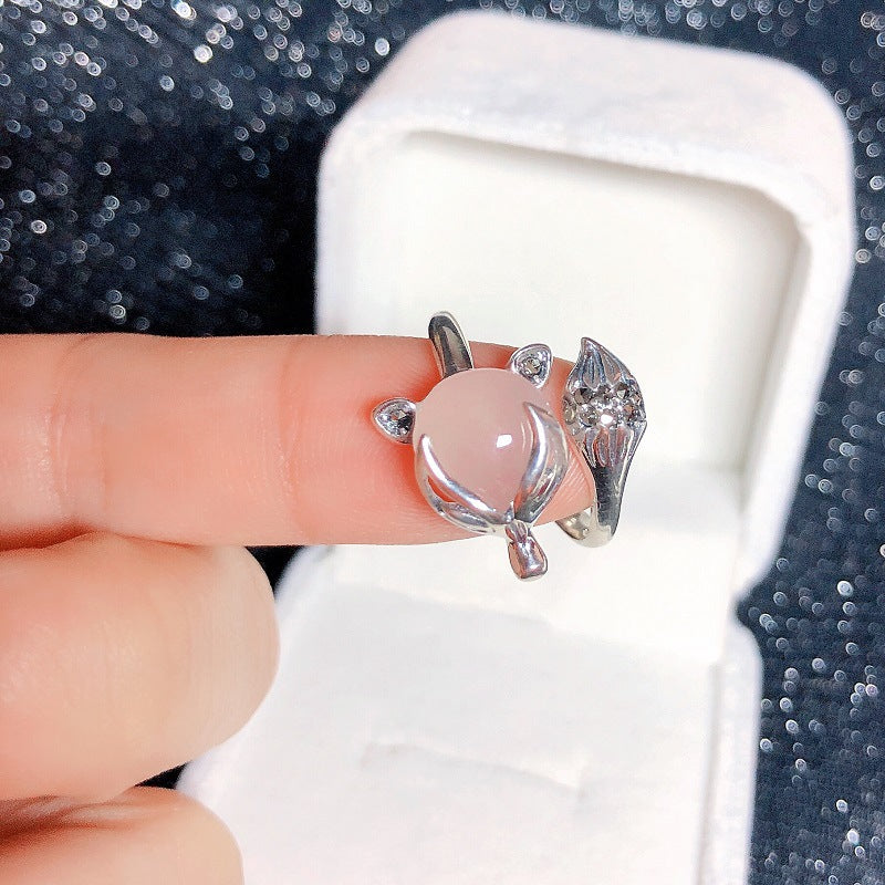 925 sterling silver white jade marrow fox opening ring - silvery