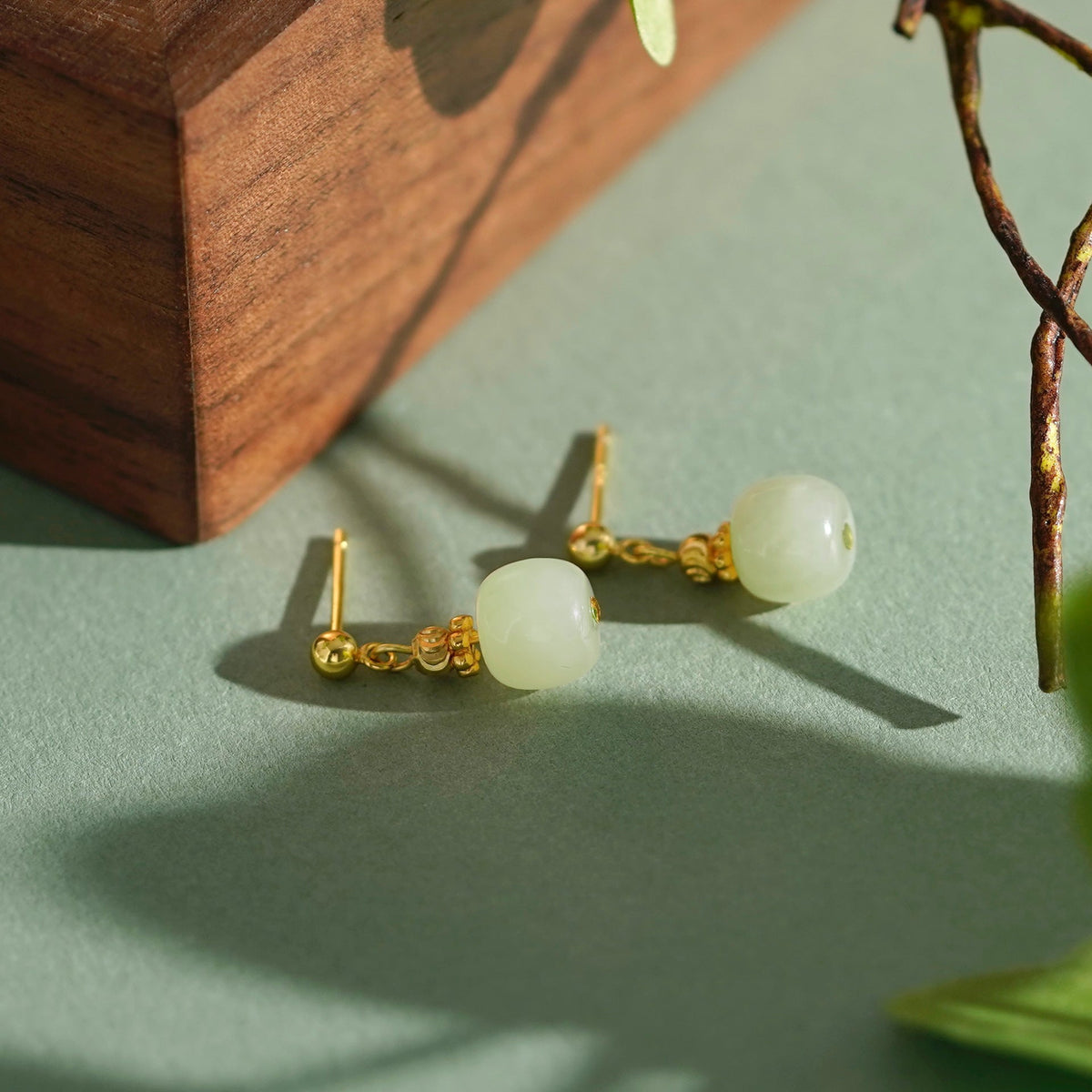 925 Sterling Silver Hotan Jade Earrings - Golden