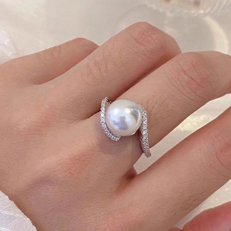 S925 sterling silver imitation pearl with sparkling zirconium ring - silvery