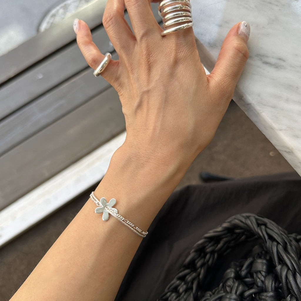 925 sterling silver flower shaped pendant double-layer bracelet - silvery