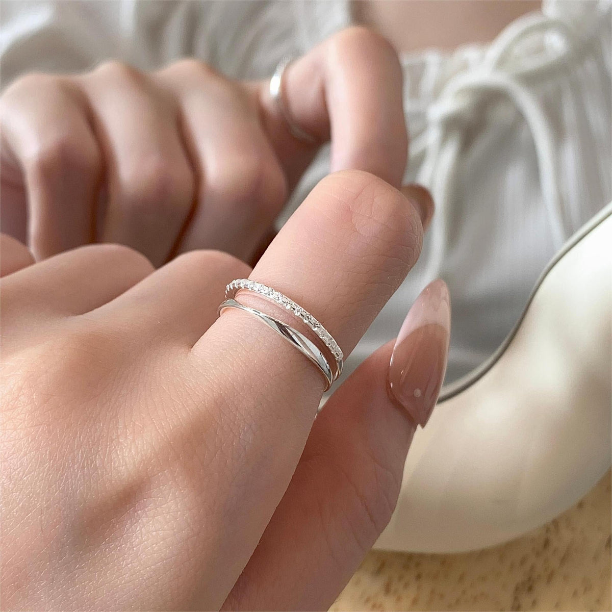 S925 Pure Silver Simple Double Layer Sparkling Zirconia Ring - Silvery
