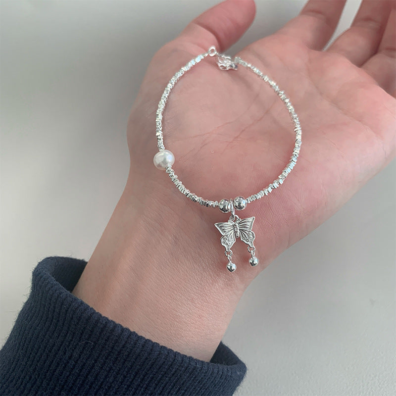 S925 Pure Silver Freshwater Pearl Butterfly Bracelet - Silvery