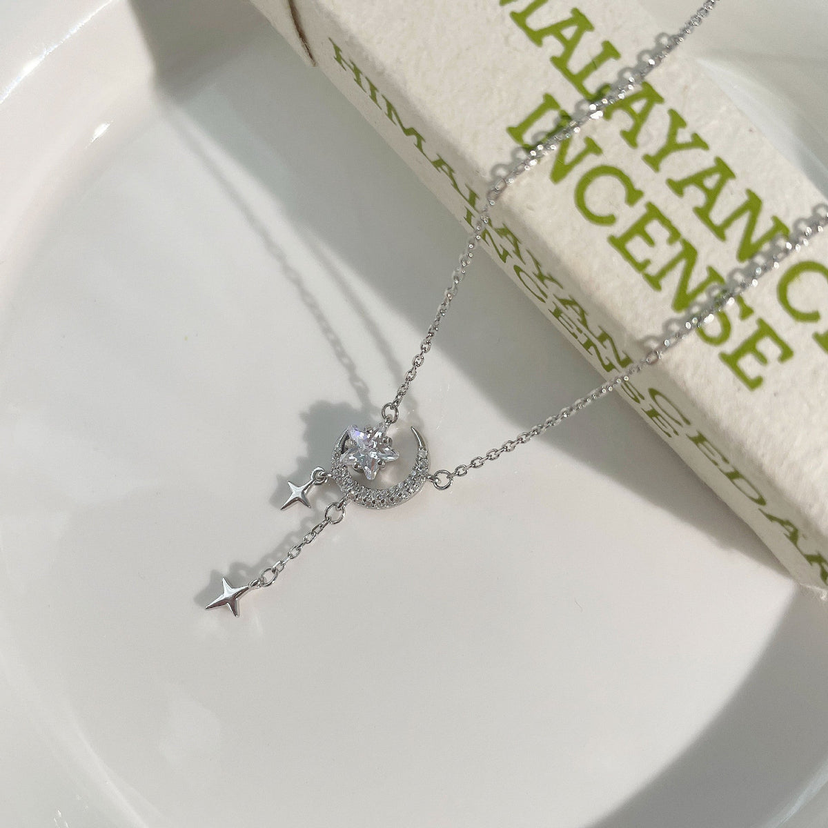 S925 sterling silver star and moon pendant necklace - silvery