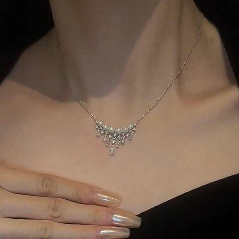 S925 pure silver artificial pearl pendant necklace