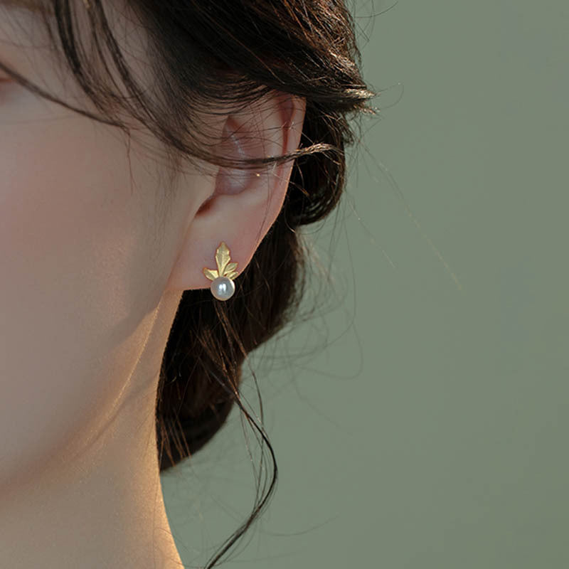 925 sterling silver freshwater pearl leaf earrings - golden