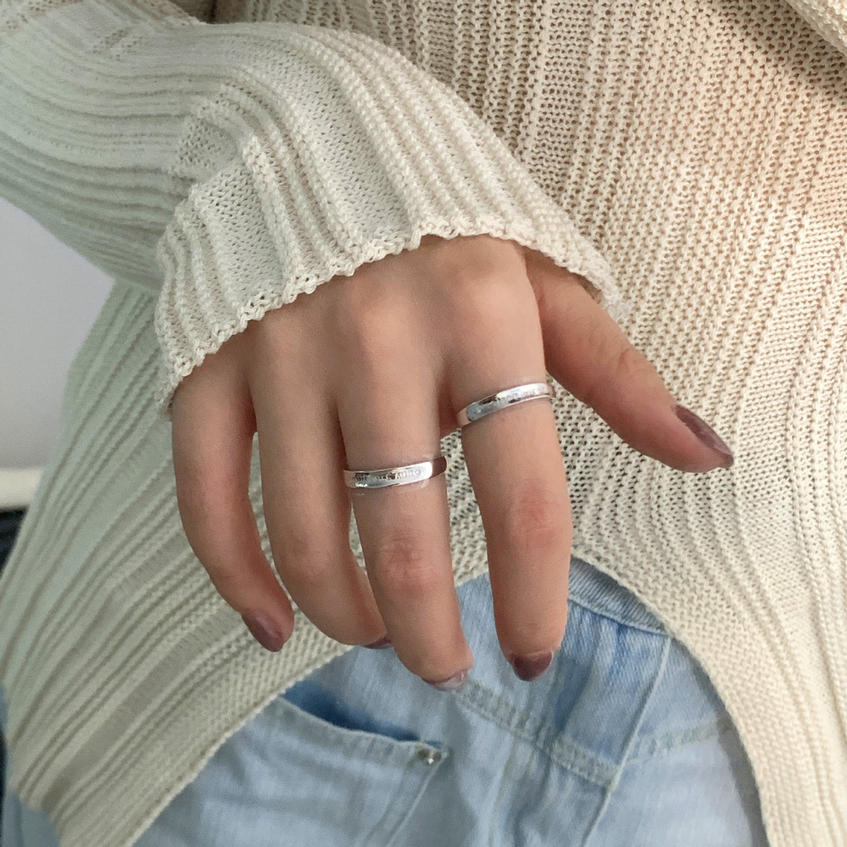 S925 sterling silver couple ring - silvery