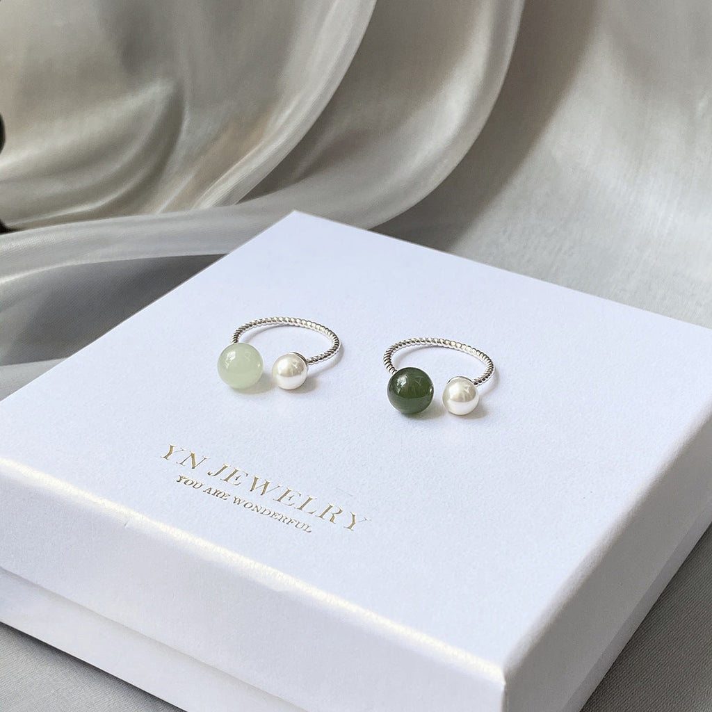 925 Silver Hetian Jade Pearl Open Ring - Silvery