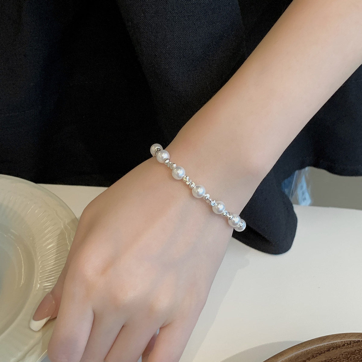 925 sterling silver pearl bracelet - silvery