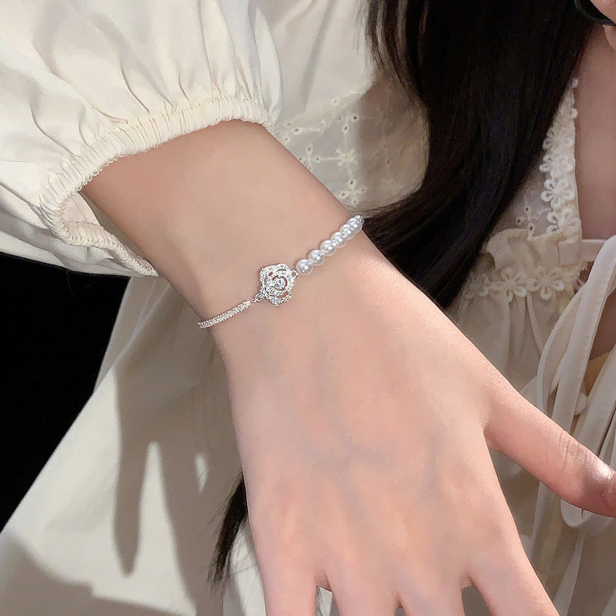 S925 sterling silver set zircon pearl asymmetrical bracelet - silver