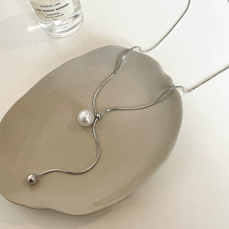 925 sterling silver pearl pendant long necklace - silvery