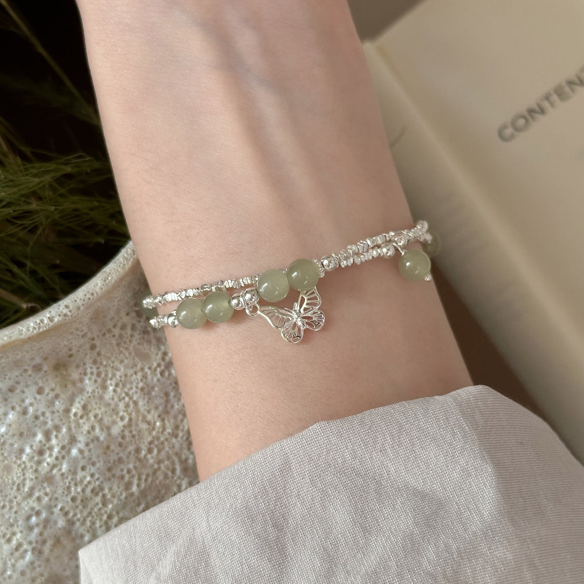 S925 sterling silver double-layer butterfly pendant bracelet - silvery