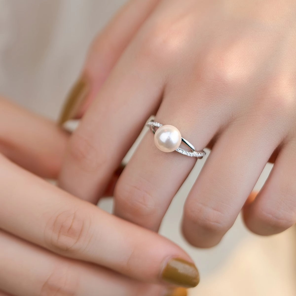 925 sterling silver imitation pearl ring - silvery