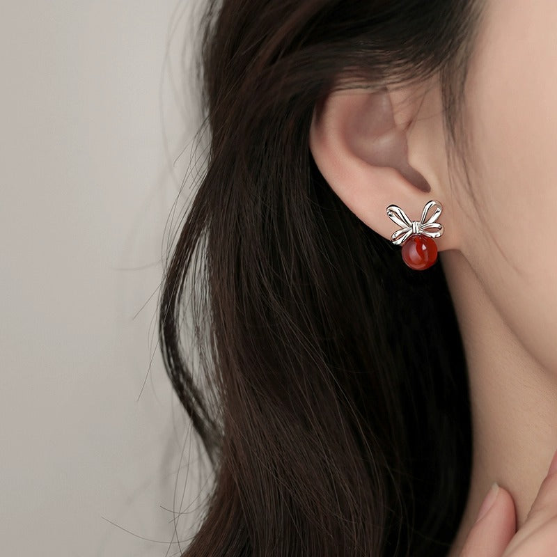 S925 sterling silver red agate bowknot earrings