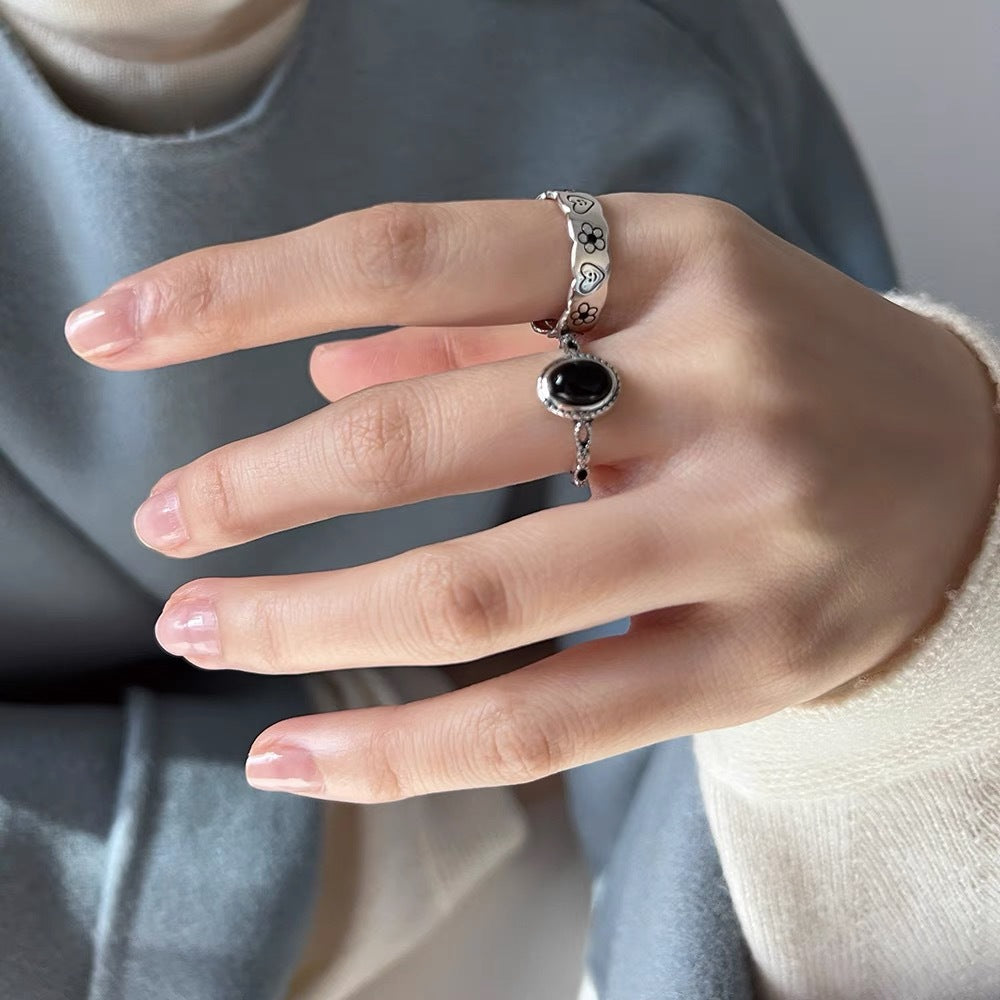 S925 sterling silver oval black agate ring-silvery