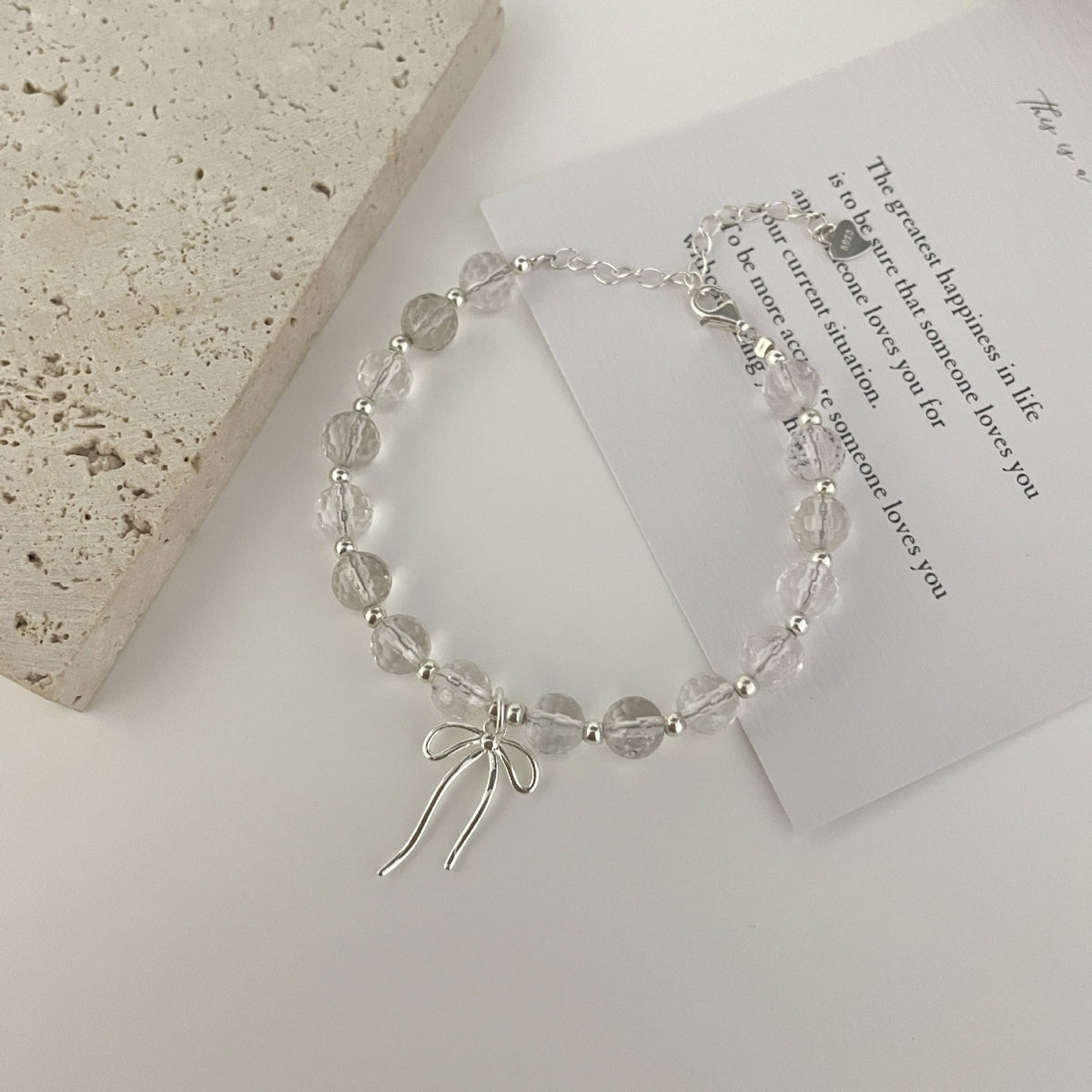 S925 sterling silver white crystal bow pendant bracelet