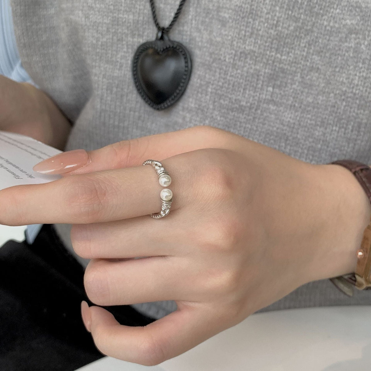 925 sterling silver  pearl open ring - silvery