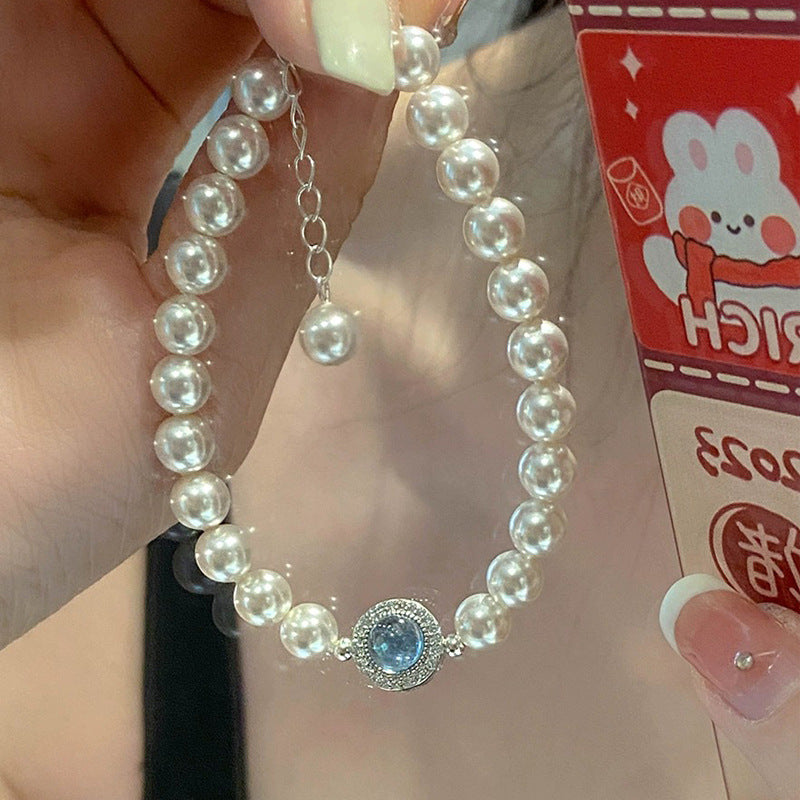 S925 sterling silver imitation pearl aquamarine bracelet