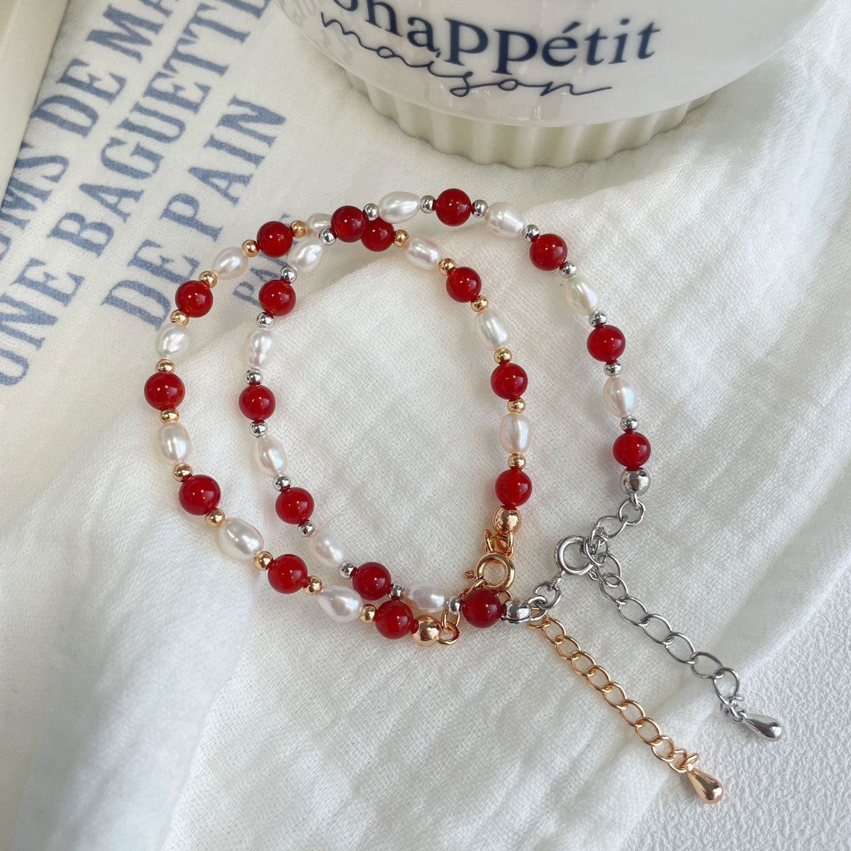S925 sterling silver freshwater pearl red agate bead bracelet