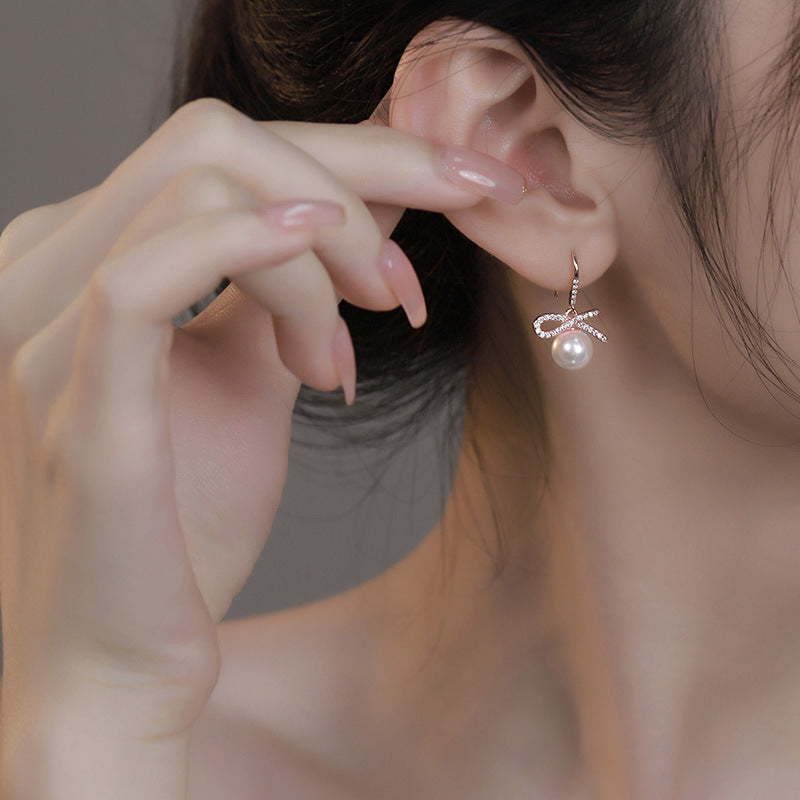 925 sterling silver bow imitation pearl pendant earrings