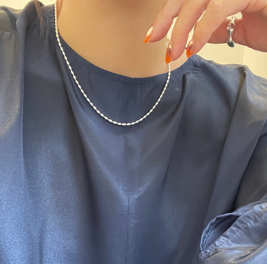 S925 Silver Olive Bead Necklace - Silvery