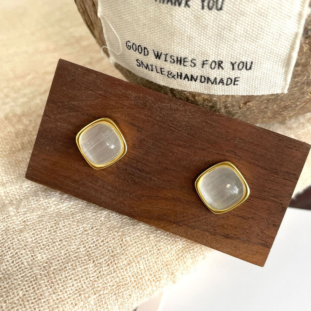 S925 sterling silver imitation cat eye stone square earrings - golden