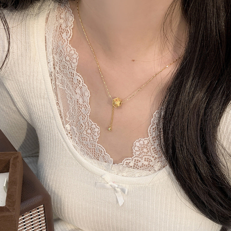 S925 Solid Silver Geometric Square Pendant Necklace - Golden