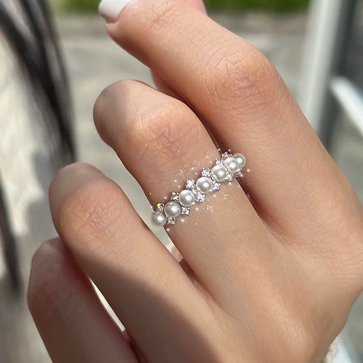 S925 sterling silver sparkling zirconium imitation pearl ring - silvery