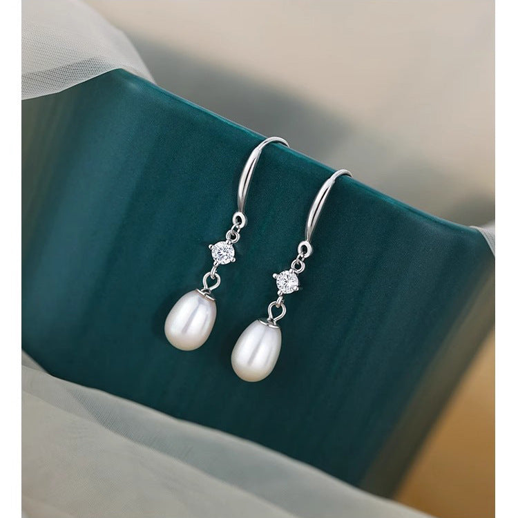 S925 sterling silver freshwater pearl long earrings - silvery