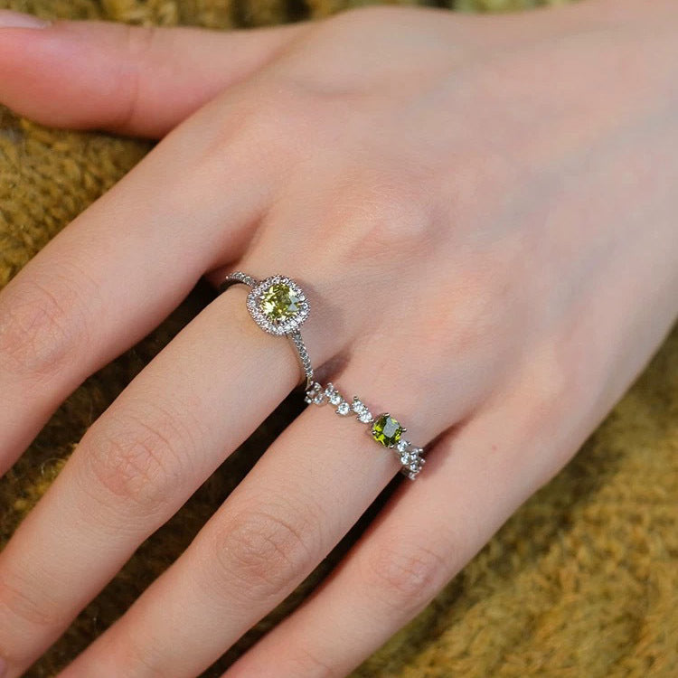 S925 pure silver olive green square zircon ring