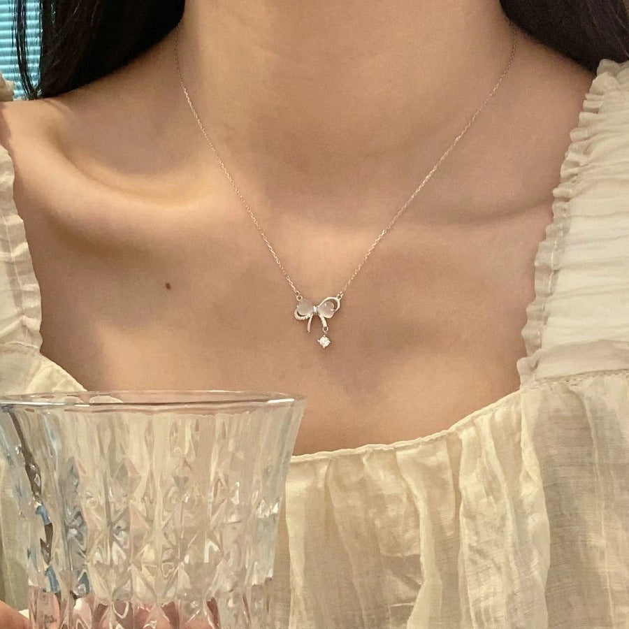 925 sterling silver bowknot pendant necklace - silvery