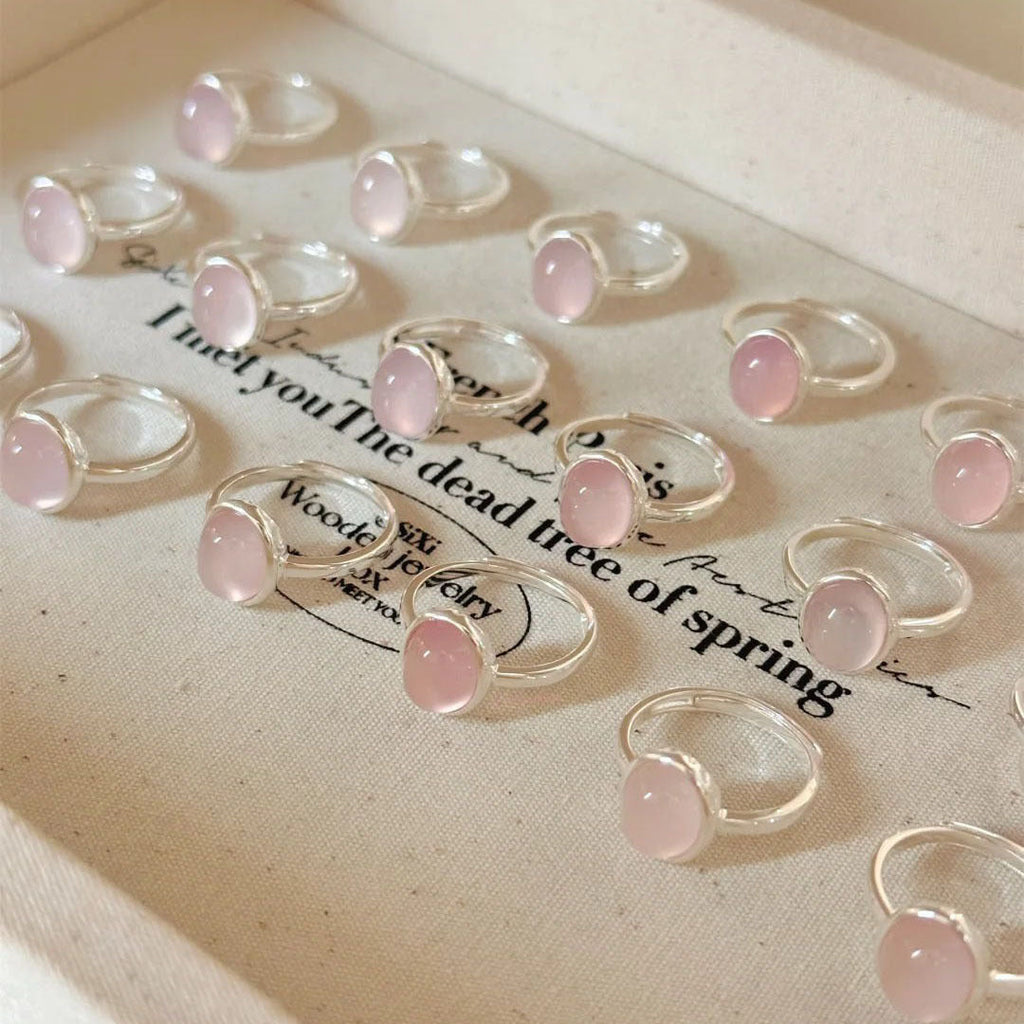 S925 sterling silver oval pink chalcedony ring - silvery