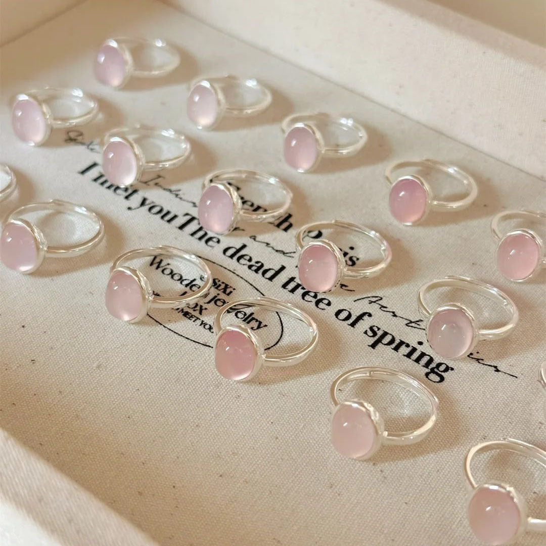 S925 sterling silver oval pink chalcedony ring - silvery