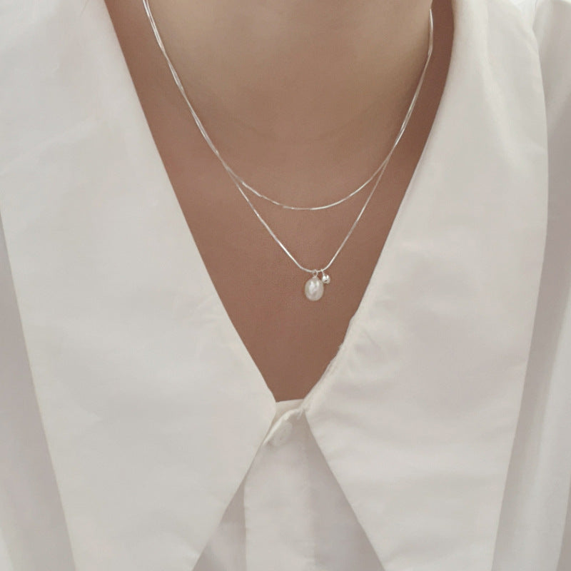 925 sterling silver freshwater pearl double layered necklace - silvery