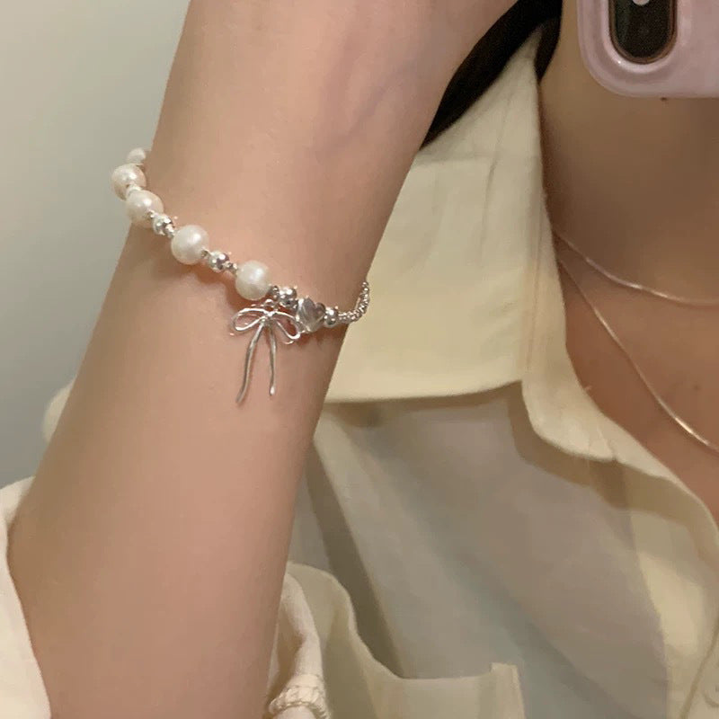 925 sterling silver pearl bracelet - silvery