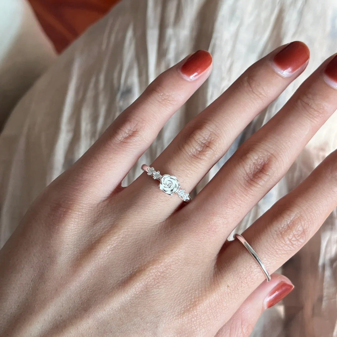 S925 Pure Silver Camellia Ring - Silvery