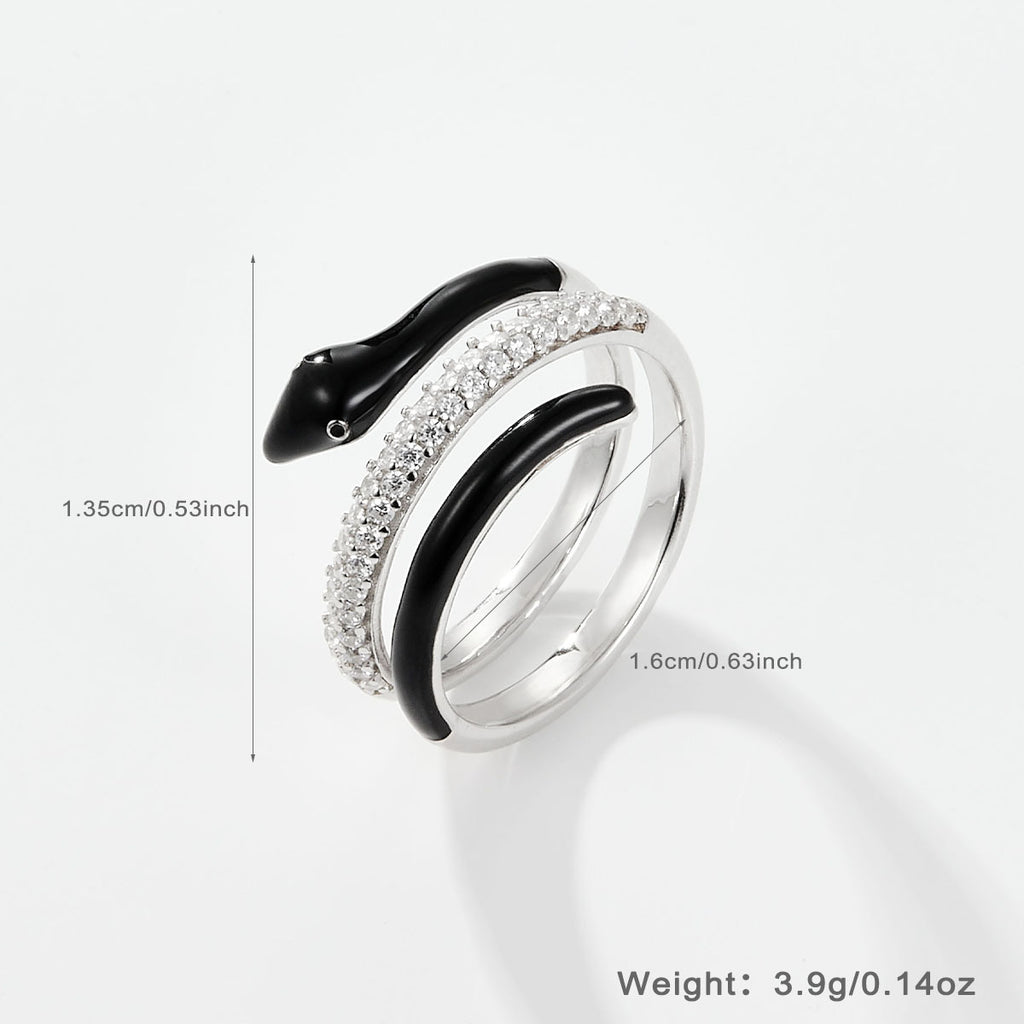 S925 Sterling Silver Halloween Serpent Ring – Black & White Enamel with Zirconia Inlay