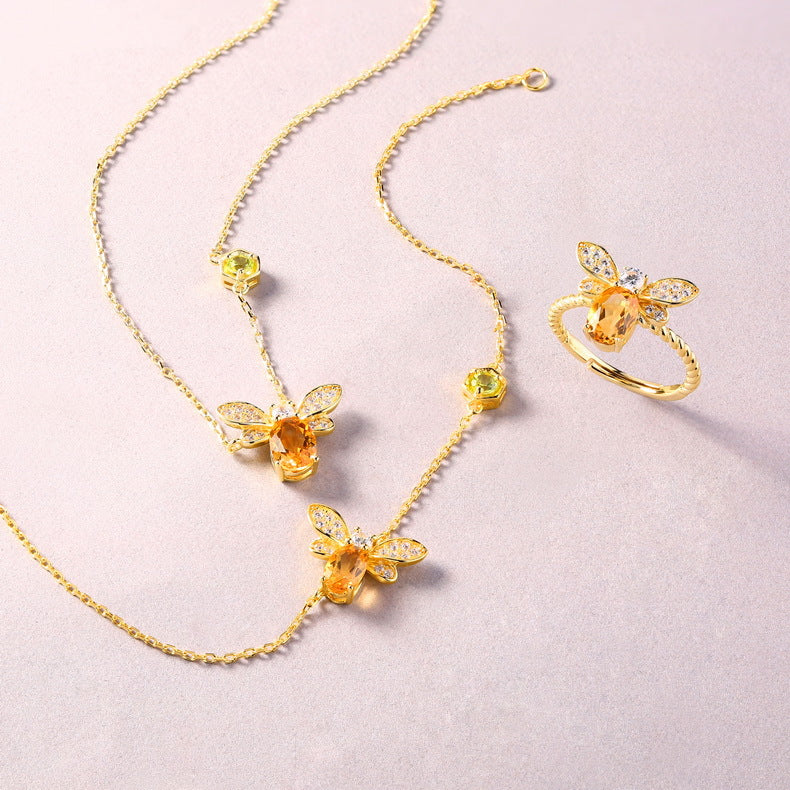 S925 Sterling Silver Bee Necklace Plated with 10K Iridescent Gold Crystal Peridot