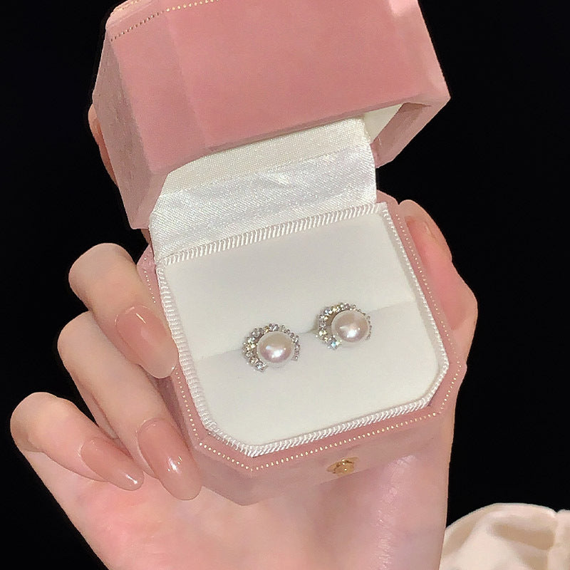 S925 pure silver freshwater pearl set with sparkling zirconium earrings