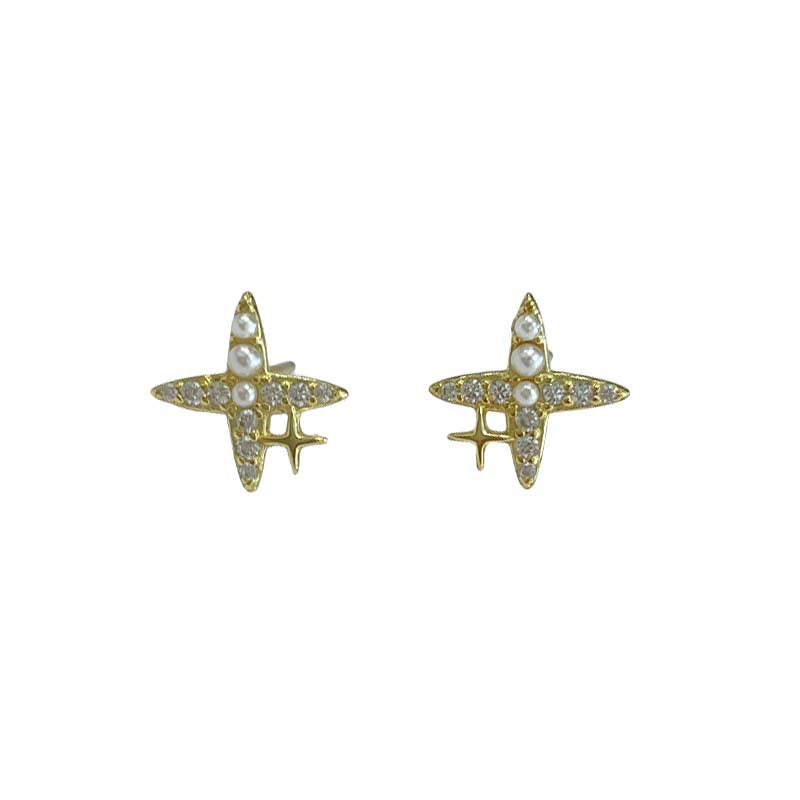 925 sterling silver four pointed star earrings - golden