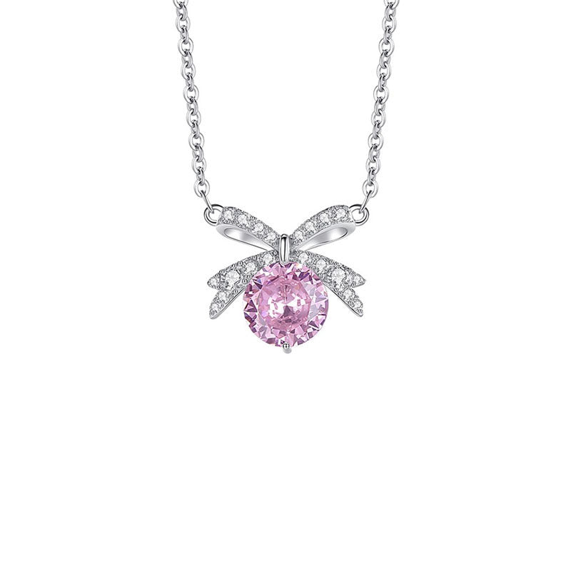 925 sterling silver bowknot with sparkling zirconium pendant necklace - silvery