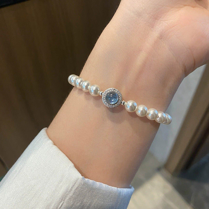 S925 sterling silver imitation pearl aquamarine bracelet